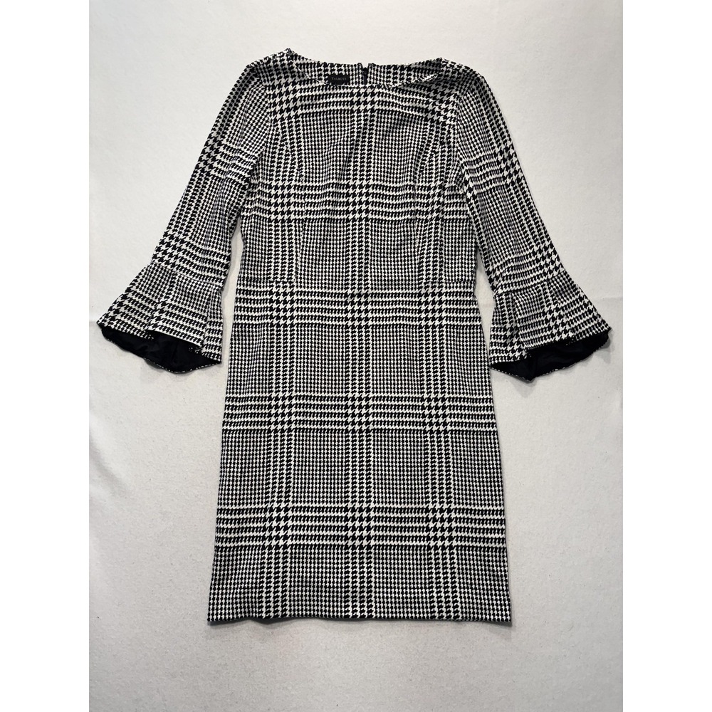 Talbots Womens 14 Black Houndstooth Boat Neck 3/4 Bell Sleeve Sheath Knit Dress